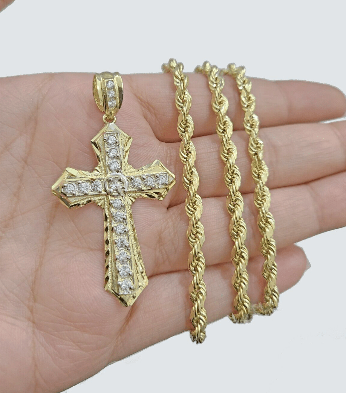 Real 10k Yellow Gold Cross Charm Rope Chain Necklace 4mm 18'' Pendant 10kt Jesus - GoldenlinQ